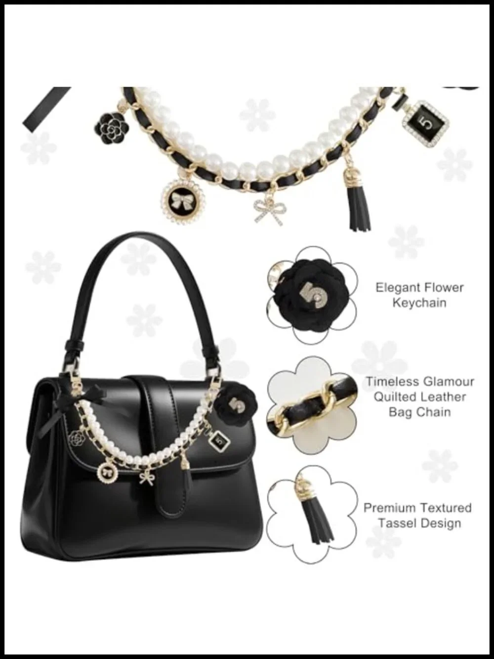 Bag Charms Tote Bag Keychain Set Satin Bow Acrylic Flower Gold-Tone Metal